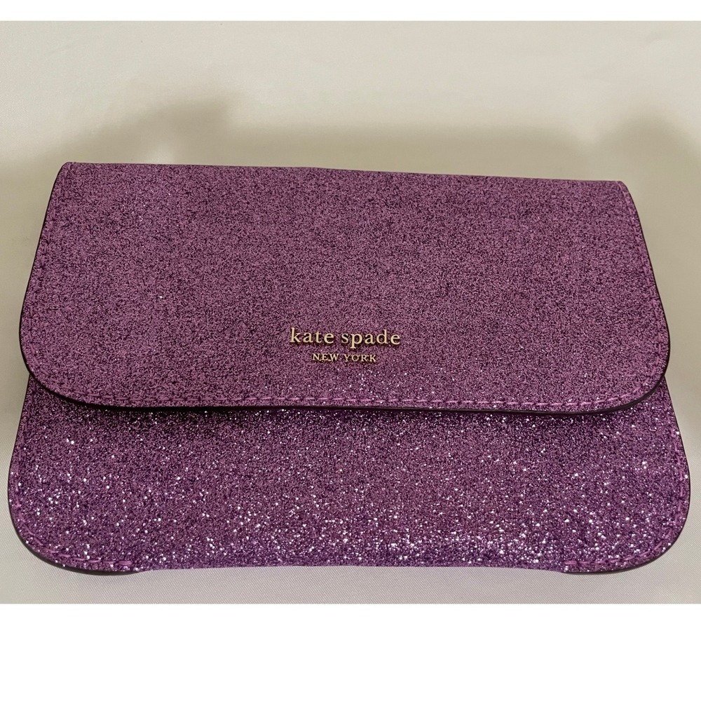 Kate Spade New York Purple Glitter Evening Clutch Magnetic Flap Card Slots#656